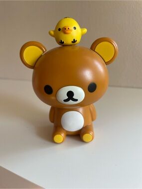 Cute Brown Bear Figurine with Yellow Chick Topper - Plush-Style Desk Toy